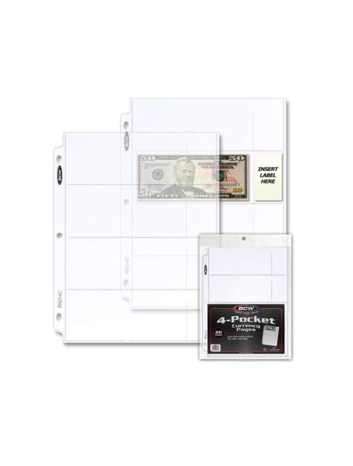 BCW Pro 4-Pocket Currency Pages | Pocket Size 2-3/4" x 6-3/4" | 20-Pages Total