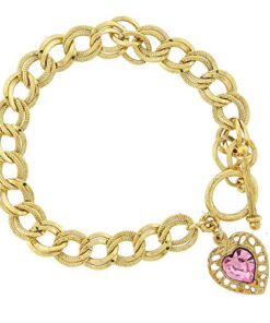 1928 Jewelry Women's Swarovski Element Crystal Heart Charm Toggle Link Bracelet Light Rose Pink 15 51qoxaXG11L