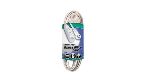 Coleman Cable 03517 Flat Plug Extension Cord; 16/3 Grounded with 3-Outlet Trinector Tap; 6-Foot White 16/3 Gauge 6 ft