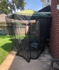 HomeRoots 9' Patio Umbrella Outdoor Table Bug Screen Mesh Black Mosquito Net Canopy Curtains Adjustable Enclosure Large Umbrella Hanging Tent 100% Polyester Light Weight Mosquito Netting 33 51qwbOMgz9L