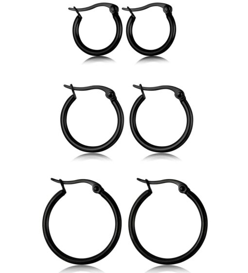 Jstyle 3 Pairs Stainless Steel Hoop Earrings Set for Women Mens Girls Black Silver Gold Small Hoop Earring, Lightweight Click-Top Hoops Piercing 10-20MM Black-tone(12mm,15mm, 20mm)