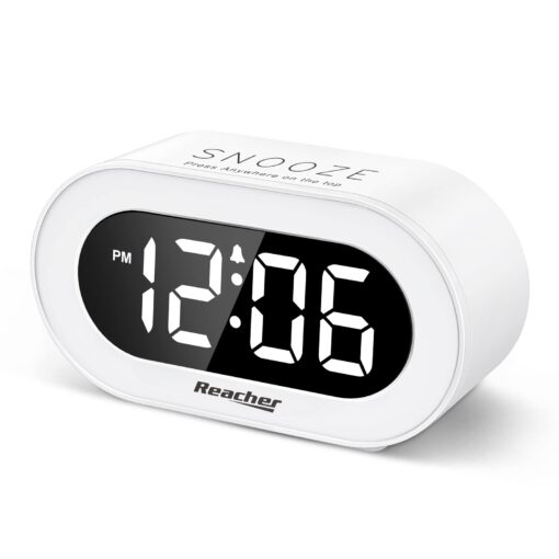 REACHER Small LED Digital Alarm Clock with Snooze, Simple to Operate, Full Range Brightness Dimmer, Adjustable Alarm Volume, Outlet Powered Compact Clock for Bedrooms, Bedside, Desk, Shelf(White) White Digit