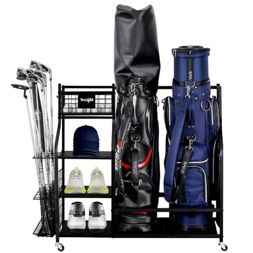 Yes4All Golf Bags Storage Garage Organizer, Golf Club Storage Stand and Lockable Wheels for Garage Indoor Basement, Extra Rack for Golf Clubs and Other Golfing Equipment Black