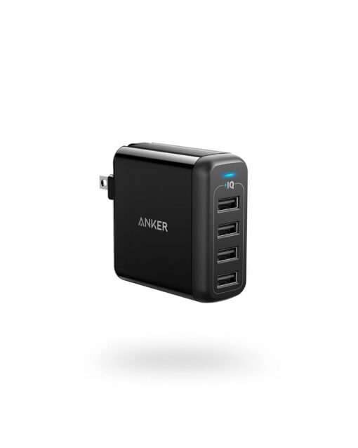 Anker Charger, 40W 4-Port USB Phone Charger with Foldable Plug, PowerPort 4 for iPhone 14/Pro/Pro Max/13/12, iPad Pro/Air/Mini, Galaxy S23/S22/S21, Note 20 Ultra, LG, Nexus, HTC, and More Black Standard Packaging