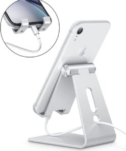 Adjustable Cell Phone Stand, OMOTON Aluminum Desktop Cellphone Stand with Anti-Slip Base and Convenient Charging Port, Fits All Smart Phones, Silver 21 51xe887gJYL