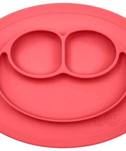 ezpz Mini Mat (Coral) - 100% Silicone Suction Plate with Built-in Placemat for Infants + Toddlers - First Foods + Self-Feeding - Comes with a Reusable Travel Bag - 6 Months+ Coral 23 51ytBiauE4L