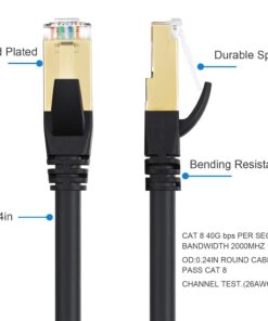 DbillionDa Cat8 Ethernet Cable, Outdoor&Indoor, 6FT Heavy Duty High Speed 26AWG, 2000Mhz with Gold Plated RJ45 Connector, Weatherproof S/FTP UV Resistant for Router, Modem, PC, Gaming, PS5, Xbox Cat8-6ft 19 61 BwlstPL