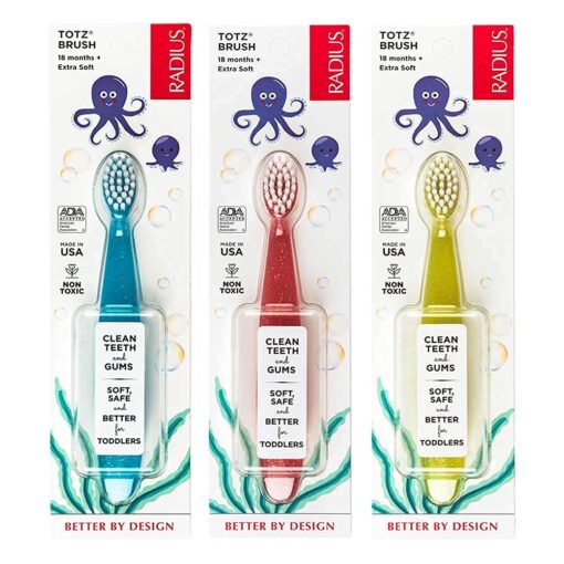 RADIUS Totz Toothbrush Extra Soft Brush BPA Free & ADA Accepted Designed for Delicate Teeth & Gums for Children 18 Months & Up - Blue Coral Yellow - Pack of 3 3 Count (Pack of 1) Blue/Coral/Yellow