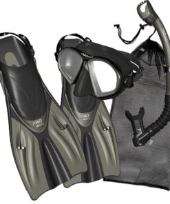 Promate Snorkel Set Snorkeling fins mask and Dry Snorkel Gear Bag Set for Adult Youth Snorkeling Set Bk/Titanium S/M Fins