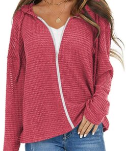 Alternative view of Niceyi Women's Loose Casual Long Sleeve Waffle Knit Sweatershirt Tops with Drawstring Hood Sweatershirts Pullover Large 2-wine Red