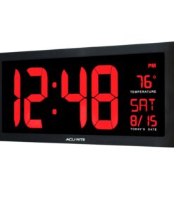 AcuRite Large Digital LED Oversized Wall Clock with Date, Temperature and Fold-Out Stand, 18-Inch, Red 21 61 r4hiaCYL