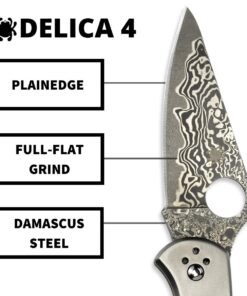 Spyderco - Delica 4 Titanium Handled Damascau Knife with PlainEdge Stainless Steel Blade - Trademarked Round Hole - Back Lock Mechanism - C11TIPD Titanium Handle 10 61 yWW1GjEL