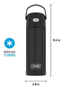 THERMOS FUNTAINER 16 Ounce Stainless Steel Vacuum Insulated Bottle with Wide Spout Lid, Black Matte Matte Black 14 610H3Hx45FL