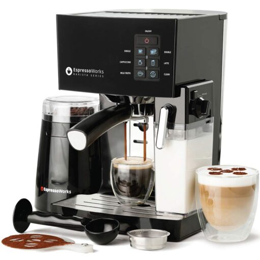 EspressoWorks 19-Bar Espresso, Latte and Cappuccino Maker 10-Piece Set - Brew Cappuccino and Latte with One Button - Espresso Machine with Milk Steamer 1250W - Coffee Gifts (Black) Black