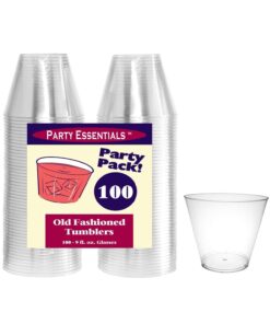Party Essentials 9 oz Disposable Party Cups, Old Fashioned Tumblers, Cocktail Wine Glasses for Home, Picnic, Wedding, Birthday, 100 Count (Pack of 1), Clear, Hard Plastic 100 Count (Pack of 1) 18 610P6HVlbXL