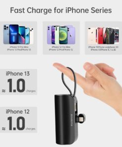 amelema Small Portable Charger for iPhone, 5000mAh Mini Power Bank with Built-in Cable/Metal Stand, Cute Battery Pack Compatible with iPhone 14/14 Plus/Pro Max/13/12/11/XS/XR/X/8/7/Airpods (Black) Black-IOS 17 610XnhsvScL