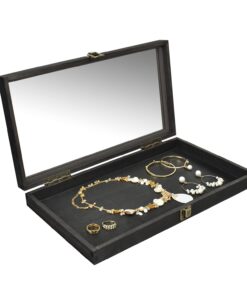 MOOCA Wood Tempered Glass Top Jewelry Display Case Accessories Storage Box with Metal Clasp, Wooden Jewelry Tray for Collectibles, Home Organization, Black 10 610bkBneL