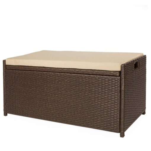 Victoria Young Resin Wicker Deck Box Storage Bench Container with Seat and Cushion Indoor and Outdoor Use, 60 Gallon, Espresso Brown