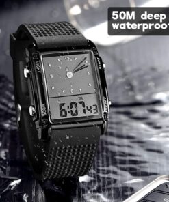 FANMIS Men's Rectangle Dial Sports Wrist Watches with 7 Colors Optional LED Backlight Multifunctional Alarm Stopwatch 12/24H Rubber Strap Watch Black 18 610jbdhhbL