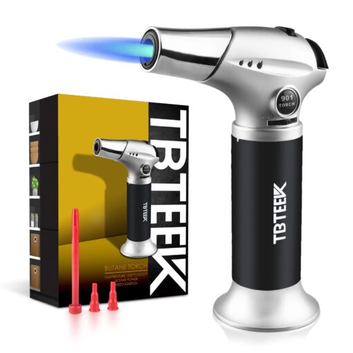 TBTEEK Butane Torch, Kitchen Torch Cooking Torch with Safety Lock & Adjustable Flame for Cooking, BBQ, Baking, Brulee, Creme, DIY Soldering(Butane Not Included) Silver