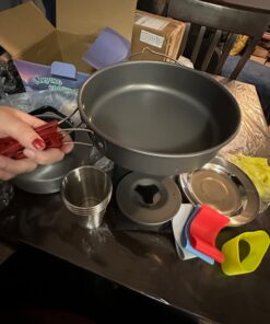 Odoland 22pcs Camping Cookware Mess Kit, Large Size Hanging Pot Pan Kettle with Base Cook Set for 4, Cups Dishes Forks Spoons Kit for Outdoor Camping Hiking Picnic 34 6114UoNfhL