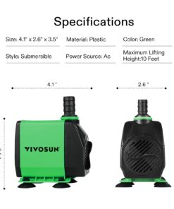 VIVOSUN 800GPH Submersible Pump(3000L/H, 24W), Ultra Quiet Water Fountain Pump with 10ft. High Lift with 6.5ft. Power Cord, 3 Nozzles for Fish Tank, Pond, Aquarium, Statuary, Hydroponics Green 15 6115MqWTOfL
