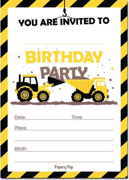 30 Construction Dump Trucks Birthday Invitations with Envelopes (30 Pack) - Kids Birthday Party Invitations for Boys