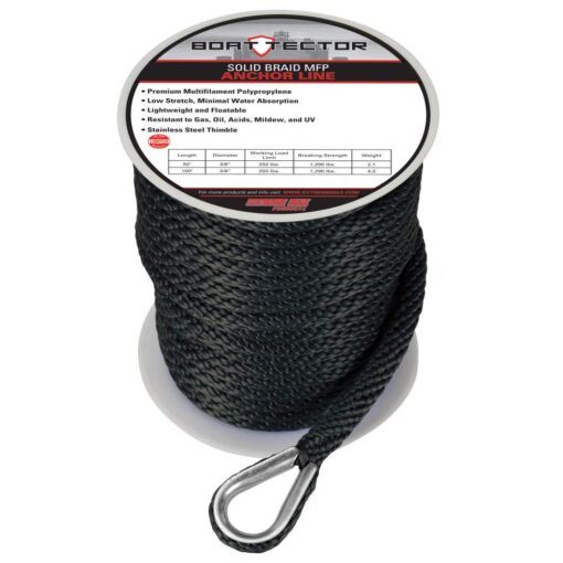 Extreme Max 3006.2057 BoatTector Solid Braid MFP Anchor Line with Thimble - 3/8" x 100', Black 3/8" x 100'