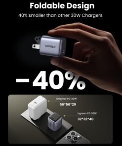 UGREEN 30W USB C Charger, Nexode Foldable GaN PPS Compact Fast Wall Charger Block, USB-C Power Adapter for iPhone 15 Pro Max/14/13, Galaxy S23 (Black) Black 44 611eT Oz9uL