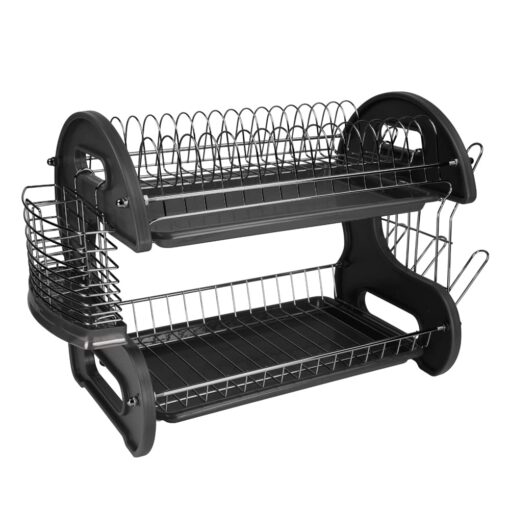 Home Basics Plastic 2-Tier Dish Drainer Rack, Air Drying and Organizing Dishes, Side Mounted Cutlery Holder, Black