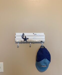 MyGift 13.4 Inch Wall Mounted Wood Nautical Theme Coat Rack with 3 Hooks and Decorative White Sand, Starfish, Seagull and Seashells Design 27 6124bJNklpL