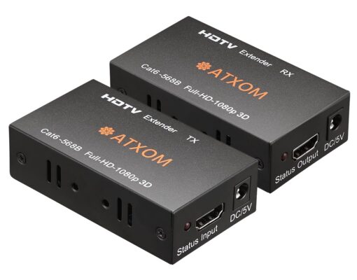 ATXOM HDMI Over Ethernet Extender, Over Cat 5e/6/7 LAN Cable, Up to 200Ft, Full HD 1080P @ 60HZ, EDID Copy, Dolby Digital/DTS Compatible, High Resolution Signal, POC Transmitter and Receiver