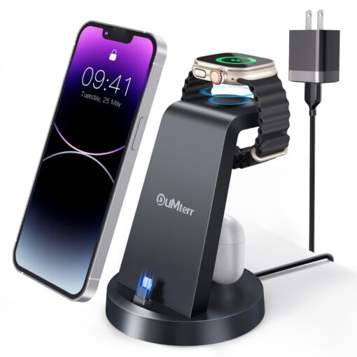 Charging Station for Multiple Devices,3 in 1 Fast Charging Station Dock for iPhone Series 14 Pro Max/13/12/11/X/8 Plus,for Airpods,DUMTERR Desk Wireless Charger for Apple Watch 8/Ultra/7/6/SE/5/4/3/2 black