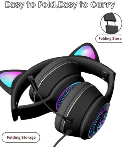VIGROS Cat Ear Gaming Headphones Wired AUX 3.5mm LED Light, Noise Canceling Game Headphones Stereo Foldable Over-Ear Headsets with Microphone Fit Girls, Kids for PC, PS4, Switch, Xbox, Mobile, Laptop Black-Wire 14 612GwRw7BnL