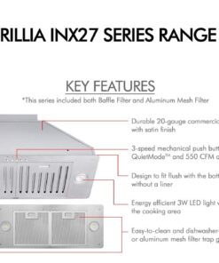 KOBE INX2730SQB-700-2 Brillia 30-inch Built-in/ Insert Range Hood, 3-Speed, 550 CFM, LED Lights, Baffle Filters, Stainless Steel 27 612TrRcCq L