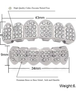 LuReen 14k Gold 6 Teeth Grillz Hip Hop Joker Diamond Top & Bottom Teeth Caps Grillz Set for Teeth Rapper Halloween Costume Cosplay Silver 12 612xVF3J3lL