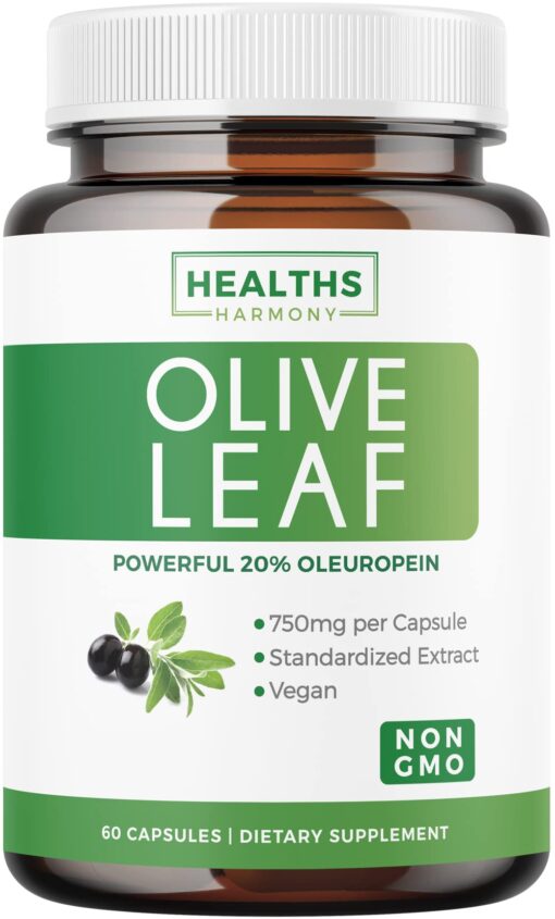 Olive Leaf Extract (Non-GMO) Super Strength: 20% Oleuropein - 750mg - Vegetarian - Immune Support Supplement, Skin Health, and Powerful Antioxidants Supplement - No Oil or Liquid - 60 Capsules 60 Count (Pack of 1)