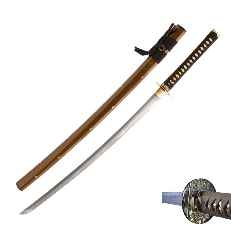 Catalog 4 Handmade Sword - Samurai Katana Swords, Battle Ready, Hand Forged, 1045 Carbon Steel, Damascus Blade, 10 Times Folded, Heated Tempered, Full Tang, Sharp, Bamboo Tsuba, Brown Cotton Ito Handle