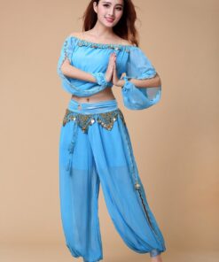Alternative view of ZLTdream Belly Dance Chiffon Long Sleeves Top and Lantern Coins Pants Black, One Size Light Blue