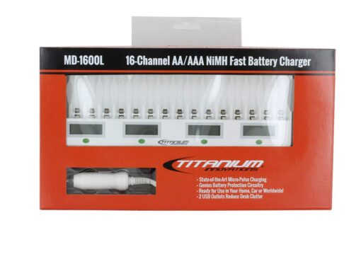 TITANIUM INNOVATIONS 16 Bay Battery Charger/Channel Genius Fast Rechargeable Battery Charger Unit for NiMH AA Batteries/AAA Batteries - MD-1600L - Portable Battery Pack Charger with 2 USB Outlets