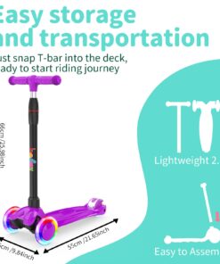 BELEEV A2 Scooters for Kids 3 Wheel Kick Scooter for Toddlers Girls Boys, 4 Adjustable Height, Lean to Steer, Light up Wheels, Extra-Wide Board, Easy to Assemble for Children Gift Sport Toys Ages 3-12 Purple 21 613IwMTiyCL