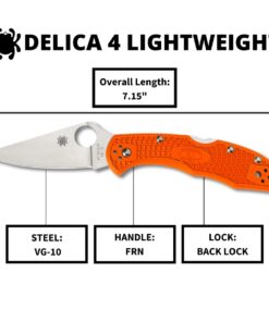 Spyderco Delica 4 Lightweight 7.15" Signature Folding Knife with 2.90" Flat-Ground Steel Blade and High-Strength FRN Handle - PlainEdge Grind Delica 4 Lightweight Flat Ground Orange 18 613Mh MqEL