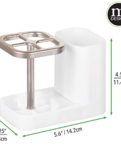 mDesign Plastic Toothbrush Storage Organizer Holder with Cup for Bathroom, Vanity, Countertop Space - Holds Brushes, Toothpaste, Floss, Dental Accessories - White/Satin 21 613NNH ibvL