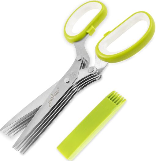 Jenaluca Herb Scissors with 5 Blades and Safety Cover - Cut, Chop & Mince Fresh Herbs & Leafy Greens - Stainless Steel Kitchen Shears with Cleaning Comb - Cool Kitchen Gadgets (Green) Green