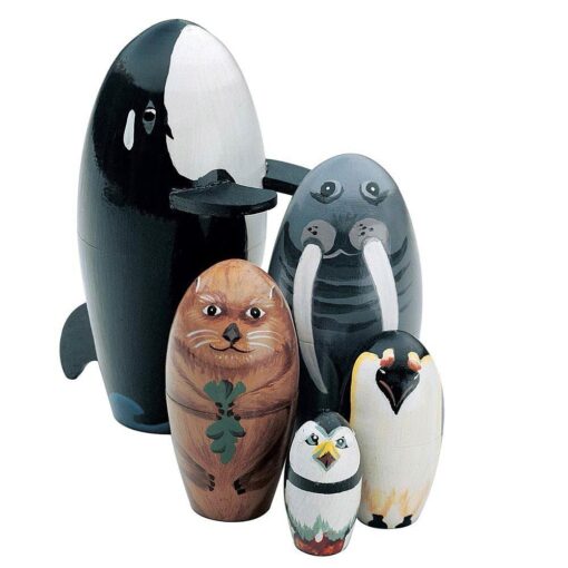 Bits and Pieces - "Willy and Friends - Matryoshka Dolls - Wooden Russian Nesting Dolls - Sea Life Animal Figurines - Whale, Walrus, Penguin - Stacking Dolls Set of 5 Nesting Sea Friends