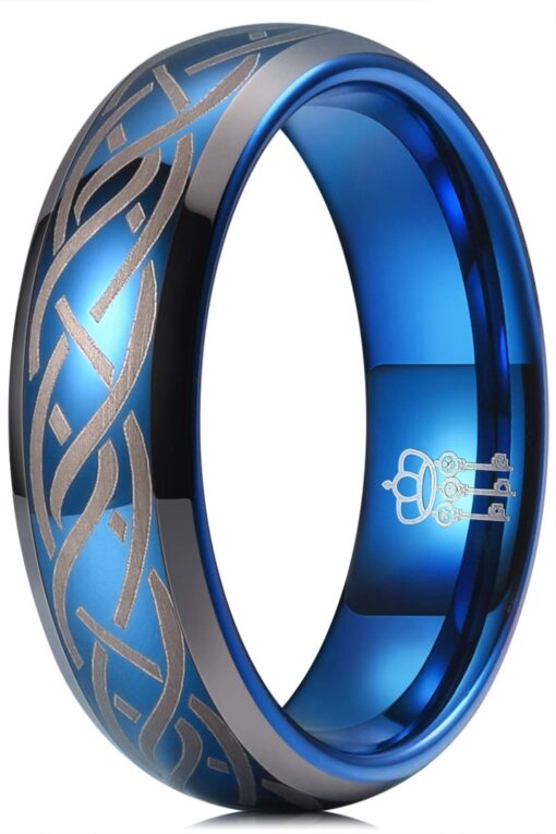 THREE KEYS JEWELRY 6mm 8mm Tungsten Titanium Wedding Ring Blue Laser Celtic Knot Engagement Band for Men Women 6mm Blue Tungsten 5