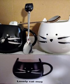 Teagas Cat Coffee Mugs for Crazy Cat Lady - Black & White Ceramic Cat Coffee Mugs and Cute Cat Spoons Set for Coffee Tea 12oz Black/White 30 613b2z5R9L