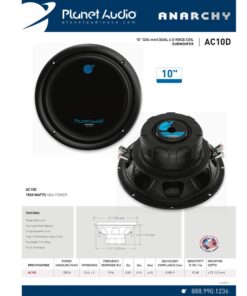 Planet Audio AC10D Anarchy Series 10 Inch Car Subwoofer - 1500 Watts Max, Dual 4 Ohm Voice Coil, Sold Individually, for Truck, Boxes, Enclosures, Use with Amplifier 28 613kV XmYmL