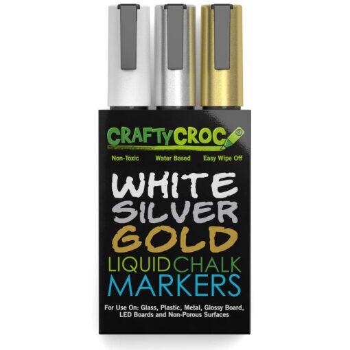 Crafty Croc Metallic Chalk Markers, Gold Silver White - 3 Pack, Medium Tip 6mm, Wet Erase for Accent Details