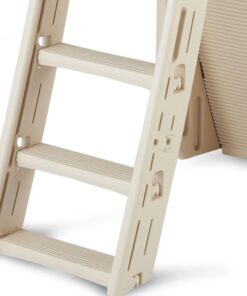 Confer Plastics 7200 Roll Guard 48" to 56" Adjustable A Frame Safety Ladder for Above Ground Outdoor Patio Swimming Pool Platform Ladder with Step Barrier, Warm Grey 38 613wzQHUkcL